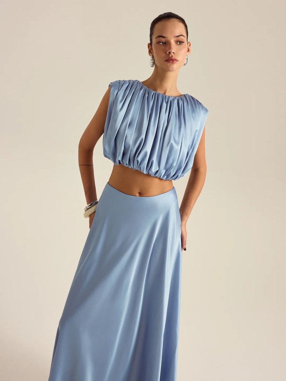 Commense Blue Satin Skirt Set with Ruched Top - Picture 2 of 5